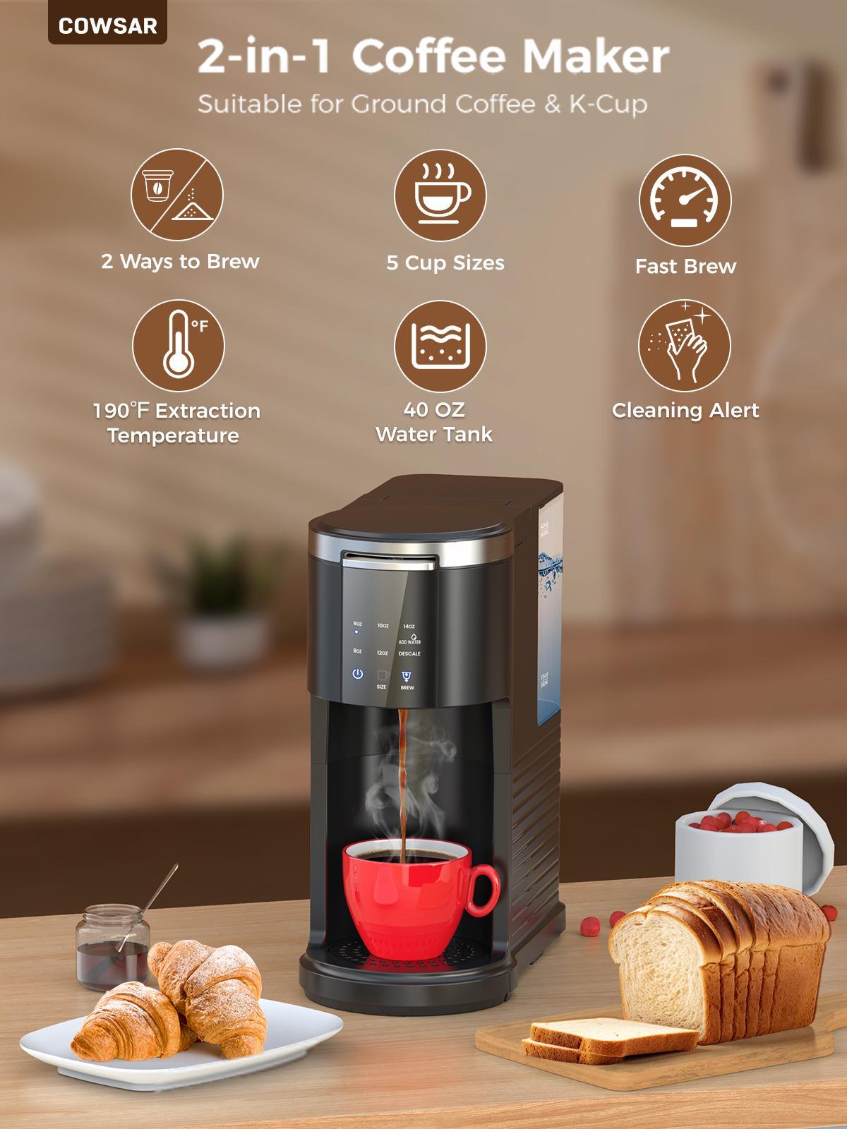 COWSAR Single Serve Coffee Maker, Coffee Brewer for K-Cups Pods and Ground Coffee, Capsule Coffee Machine with 40oz Water Tank, 5 Brew Sizes Up To 14cz, Black