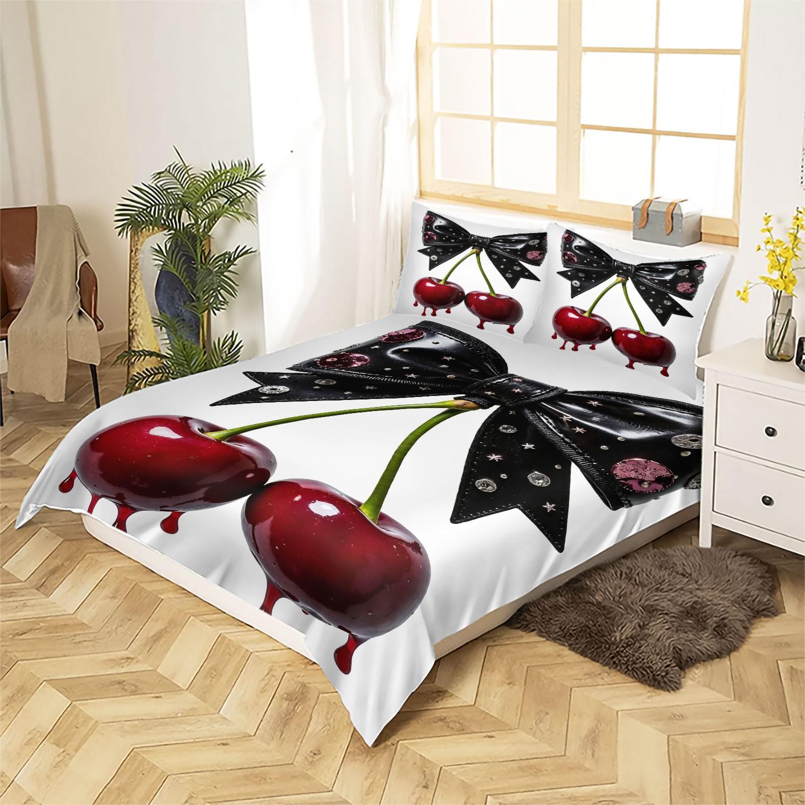 Gothic Cherry Bow Duvet Cover Set, 1 Duvet Cover + 1/2 Pillowcases, Dark Aesthetic Bedding, Cute Fashion Gifts for Goth Girls