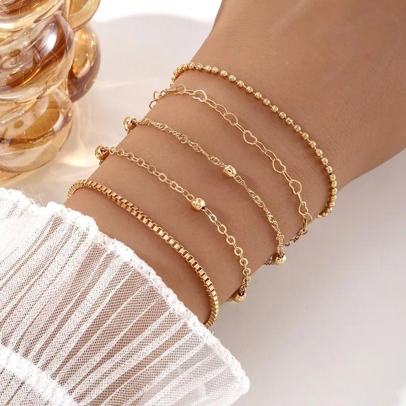 5 Piece Stainless Steel Heart Bead Multi-Layer Bracelet Set, Stackable Bracelets, Unisex Accessory, Perfect for Daily Wear, Work, and Parties