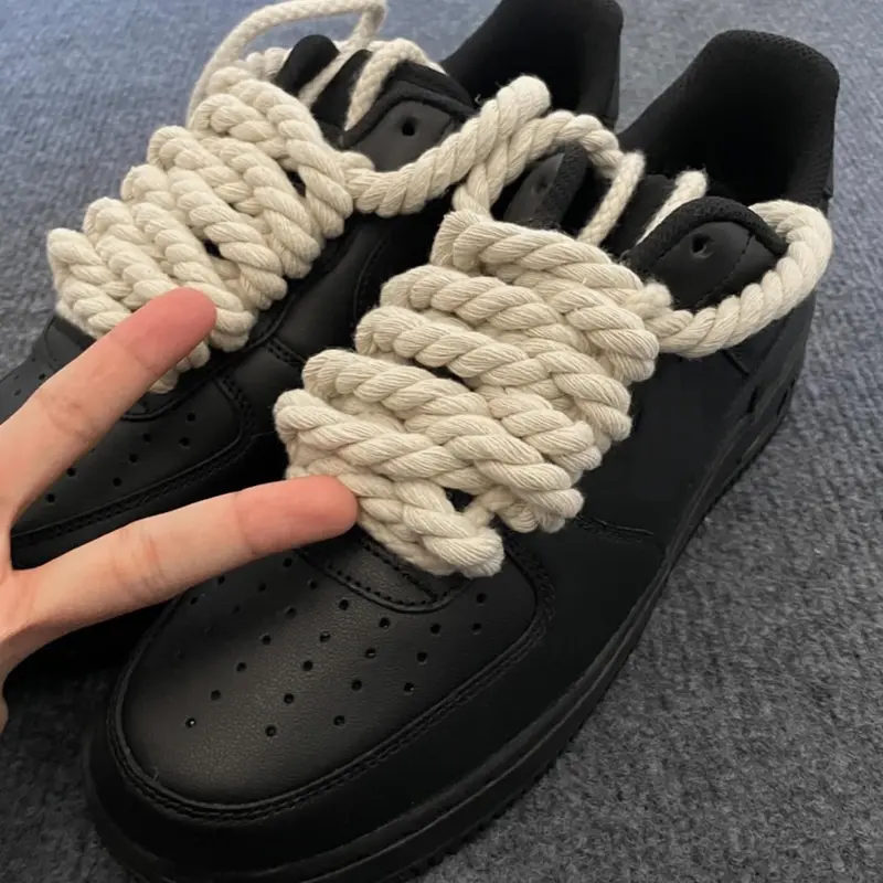 Hand-Woven Hemp-Polyester Rope Shoelaces, 2 Pairs Round Thick Shoe Accessories, 8mm/5mm Thickness, Laces for Sneakers
