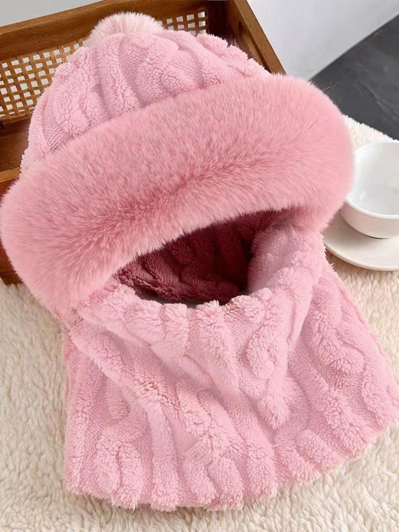 Solid Color Pom Pom Decor Crochet Beanie Hat, Unisex Casual Warm Thickened Face Mask Hat for Fall & Winter, Fashion Accessories for Women & Men