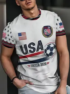 Summer Fan Mesh Quick-Dry Fabric Usa Large Letter Dynamic Soccer Jersey, Loose Fit Men's Round Neck Short Sleeve T-Shirt, All Seasons Sporty Style