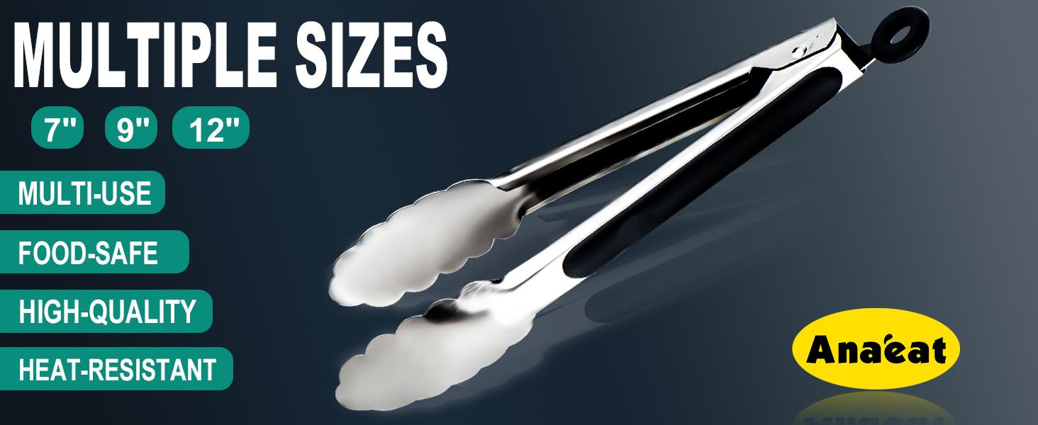 Locking Tong Set of 3 - Stainless Food Tongs with Long Handle & Non-Slip Grip for Cooking, Baking, Grilling - Heat Resistant up to 480°F