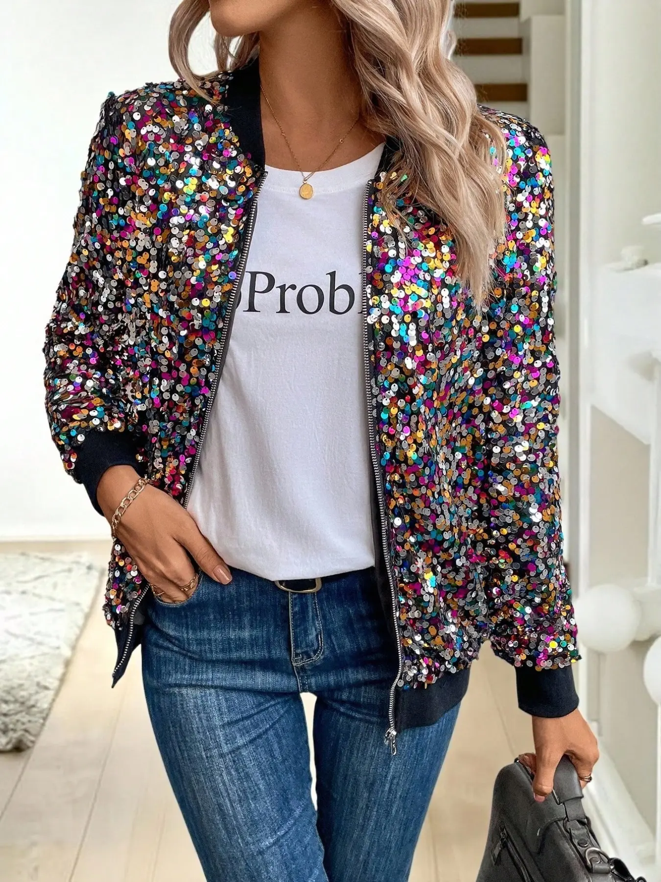 Women's Sequined Zipper Baseball Jacket, Long Sleeve Ribbed Neck Hem Casual Outerwear, Shimmer Party Coat, Festive Street Fashion