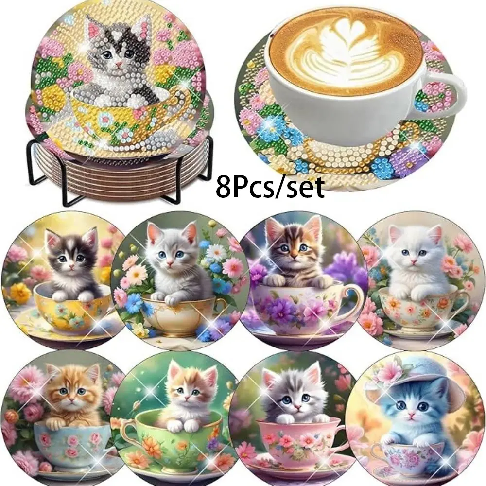 8 pieces/set of diamond art painting coasters with brackets, DIY animal cat pattern diamond art coasters, suitable for both adults and beginners as diamond painting sets, diamond set craft supplies, exquisite gifts for friends