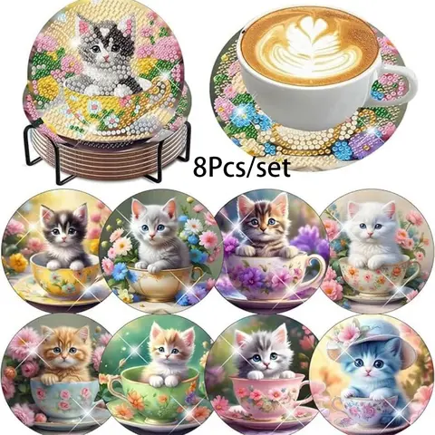 8 pieces/set of diamond art painting coasters with brackets, DIY animal cat pattern diamond art coasters, suitable for both adults and beginners as diamond painting sets, diamond set craft supplies, exquisite gifts for friends, Coasters with Holder