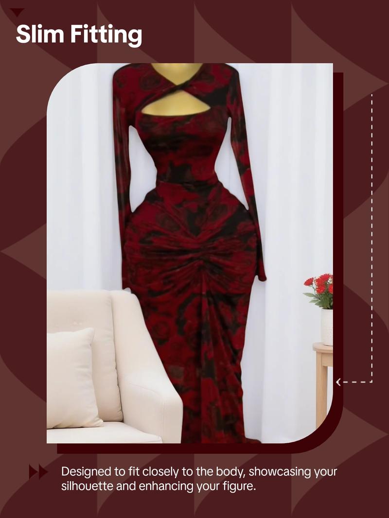 PULKRITU Women's All Over Print Cut Out Bodycon Dress, Fashion Casual Cocktail Party Dress for Daily Outdoor Wear, Women Dress for Autumn