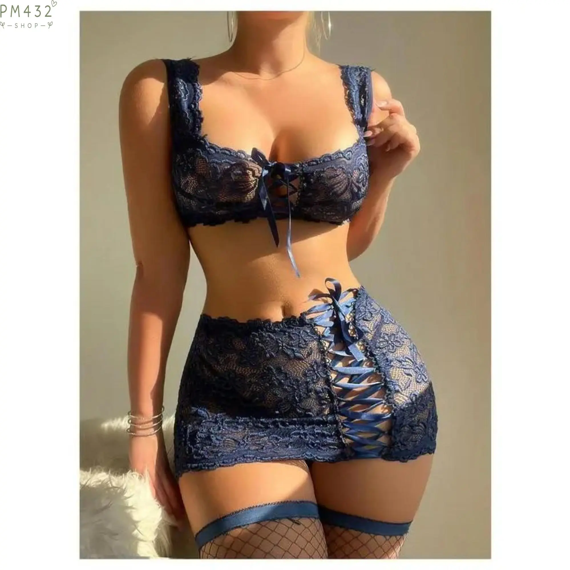 Women’s Lace Babydoll Lingerie Set, 3 Piece Sheer Lace Sleepwear with Wireless Bra & Panty, Elegant Lace Up Design, Soft Stretch Fabric, Romantic Nightwear for Anniversary, Date Night, Special Occasions & Gift