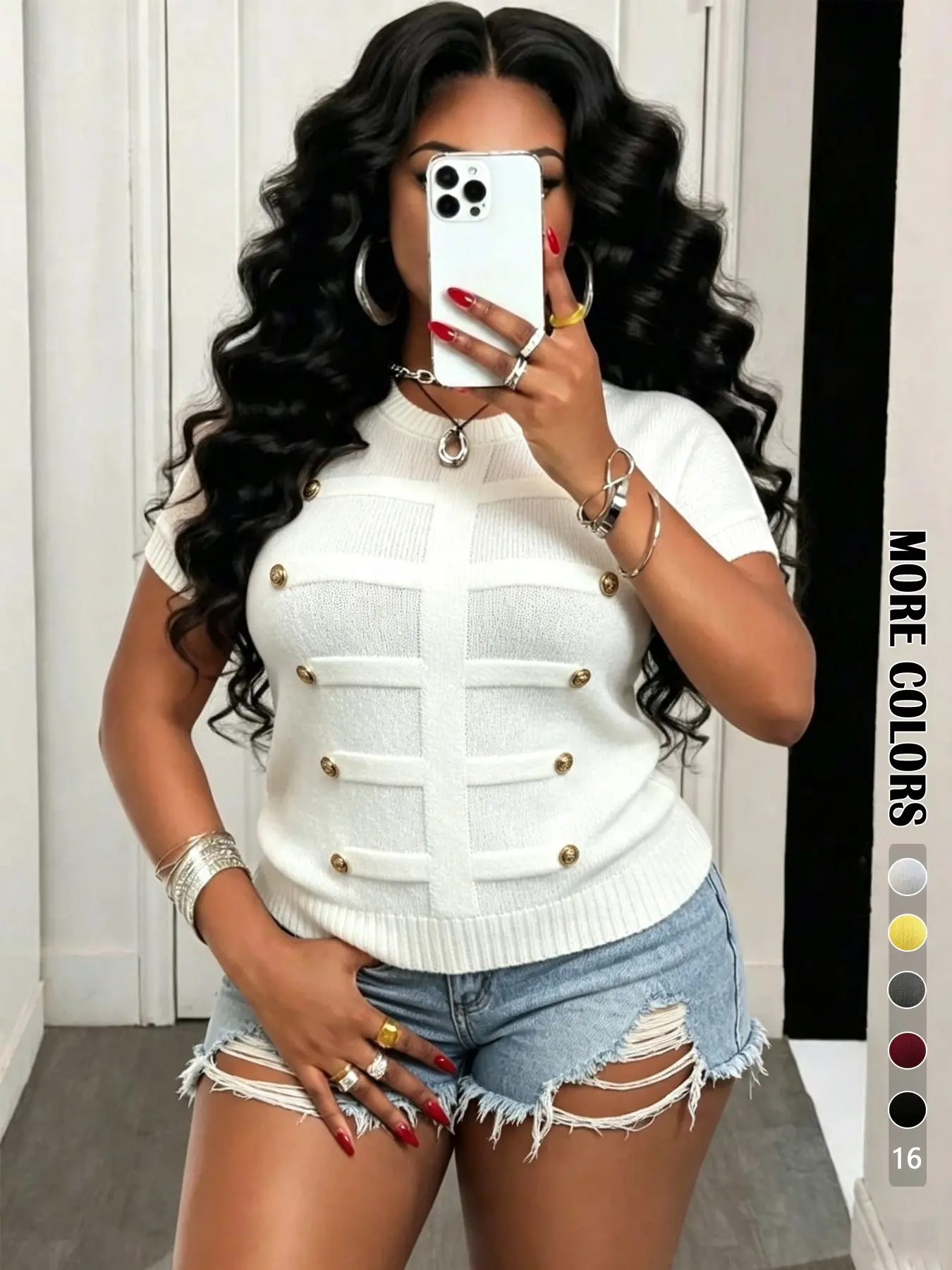 Elegant Plus Size Women's Sweater, Metal Button Design, Solid Color Round Neck, Casual Loose Fit, Short Sleeve, Fashionable and Versatile