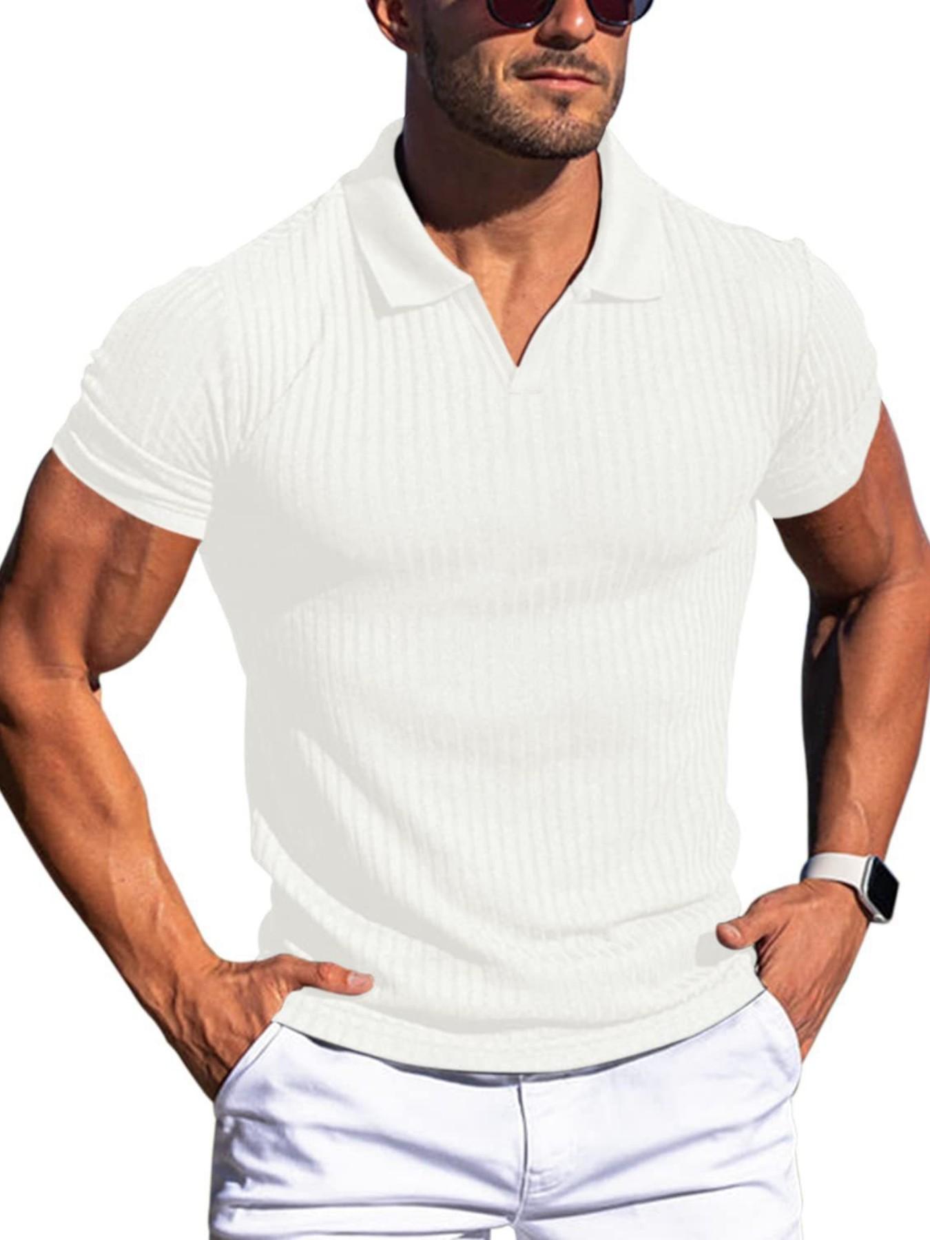 Men's Ribbed Knit V-Neck Polo Shirt, Casual Short Sleeve Top, Ideal for Golf, Office, Daily Wear, Comfortable and Stylish