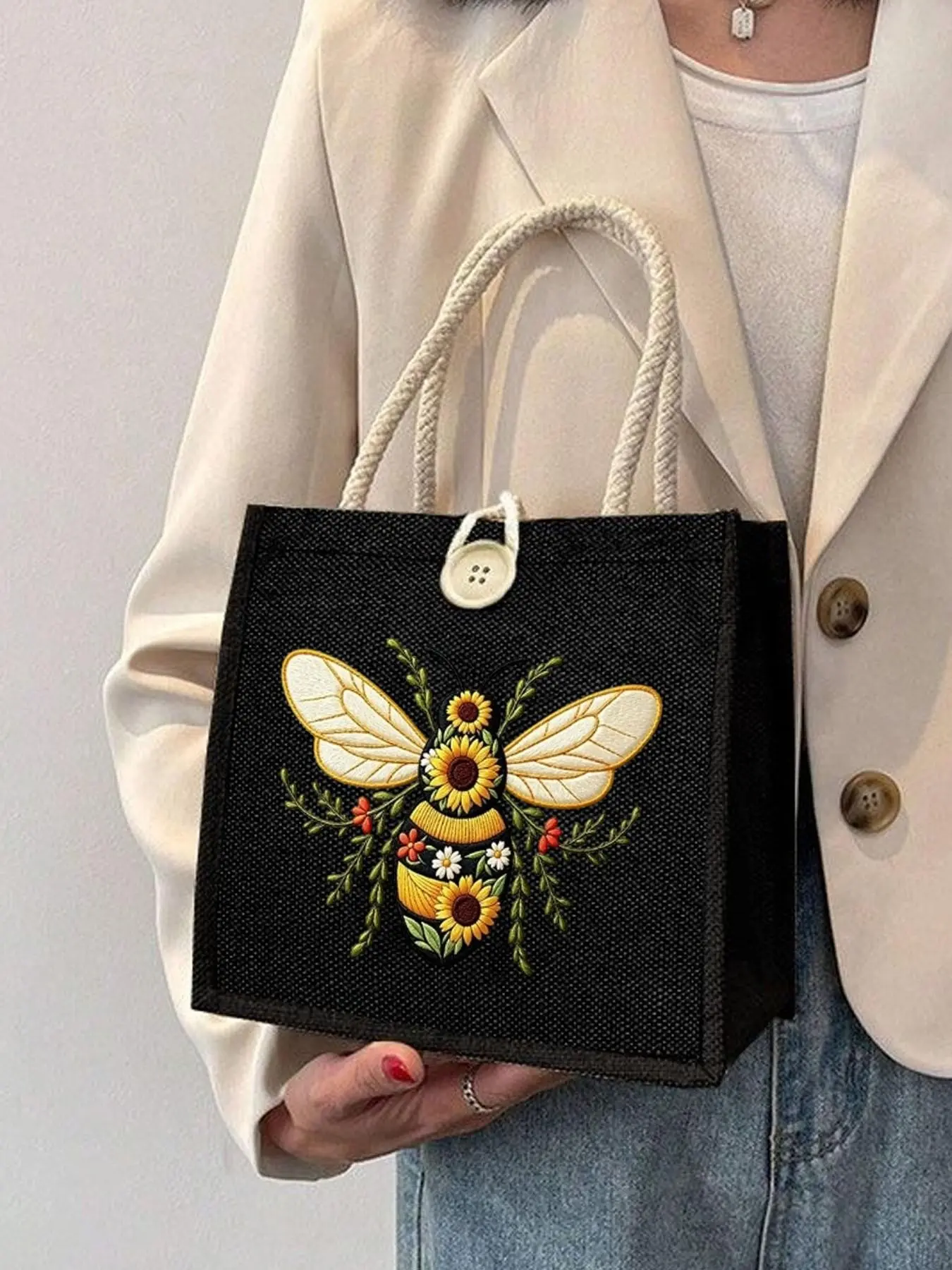 1pc Bee Sunflower Print Handbag, Vintage Retro Commute Tote Bag, Suitable for Daily School, Work, All Seasons