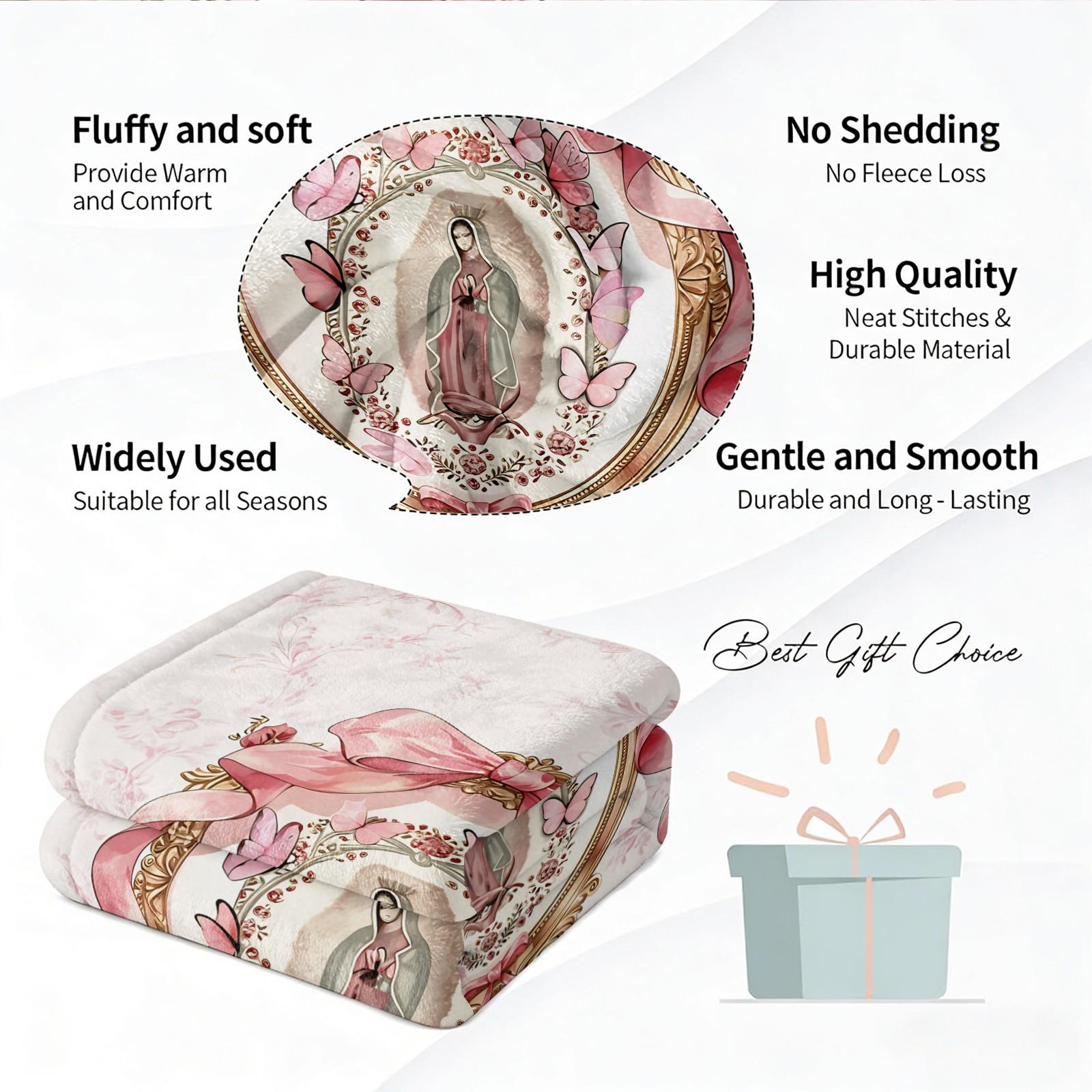 Our Lady of Guadalupe Flannel Throw Blanket, Cozy Warm Fleece Blanket with Pink Bow & Butterfly Print, Soft Plush Gift Blanket for Couch Bed Sofa, Decorative Religious Blanket for All Seasons, Perfect Gift for Friends & Family