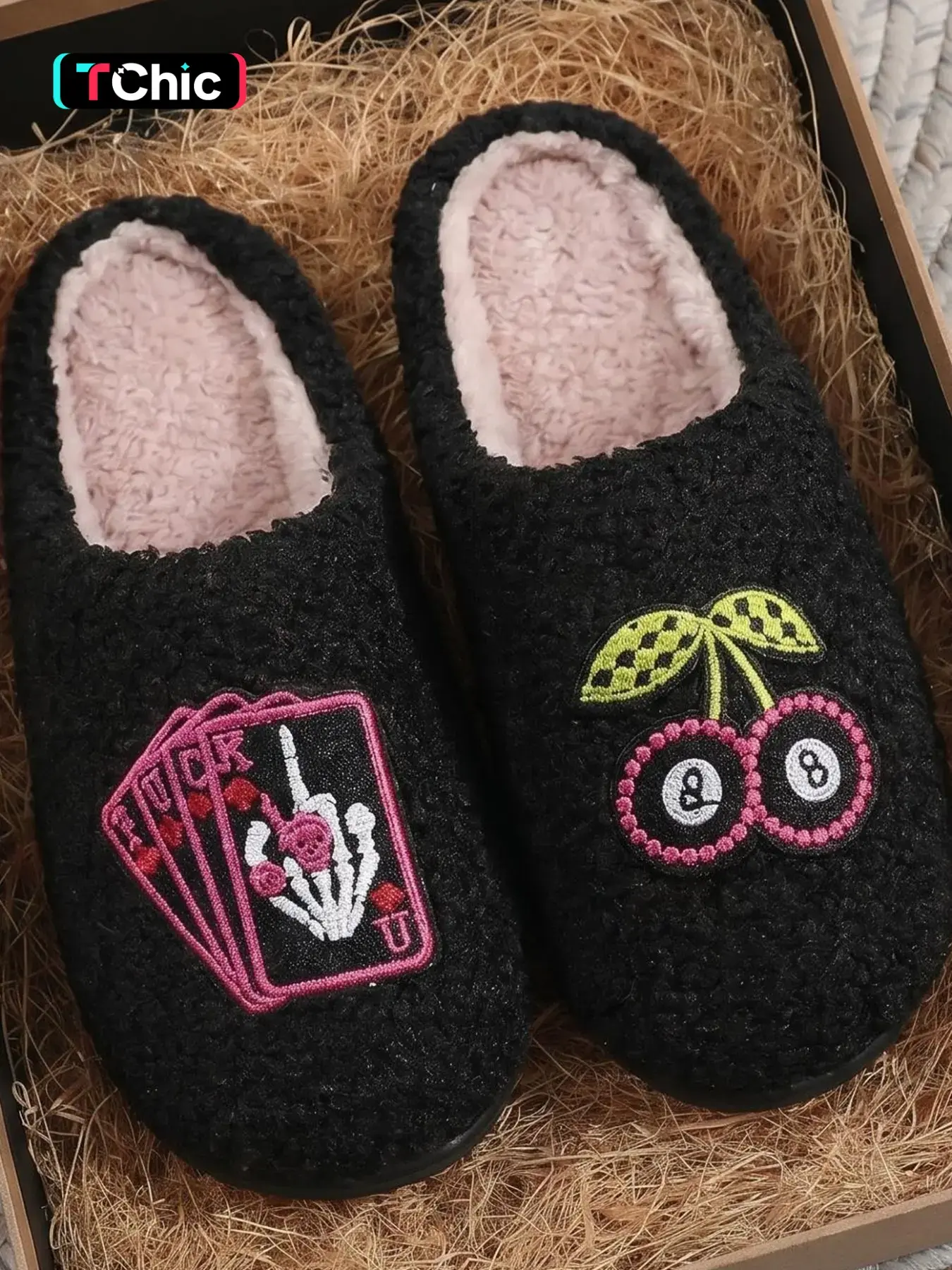 Retro Gothic Closed Toe Fuzzy House Shoes Slippers, Poker Skeleton Hand & Cherry Number Patch House Slides, Non-Slip Quiet Plush Indoor Footwear, Trendy Cool Cozy Lazy Slippers, Gift Box Packed For Daily Holiday Gift, Multiple Colors, Soft Fluffy Footwear