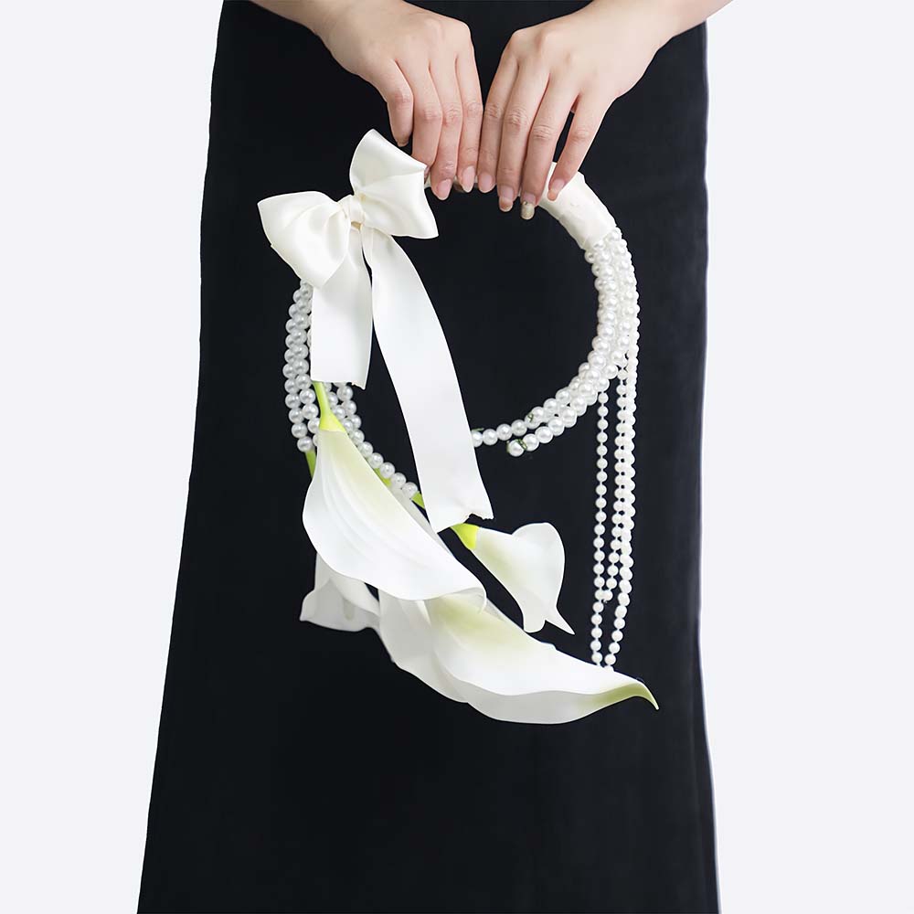 Lily and Pearl Bride Wrist Corsage, 37cm Artificial Flower Handheld Ring, Wedding Ceremony Engagement Party Decoration