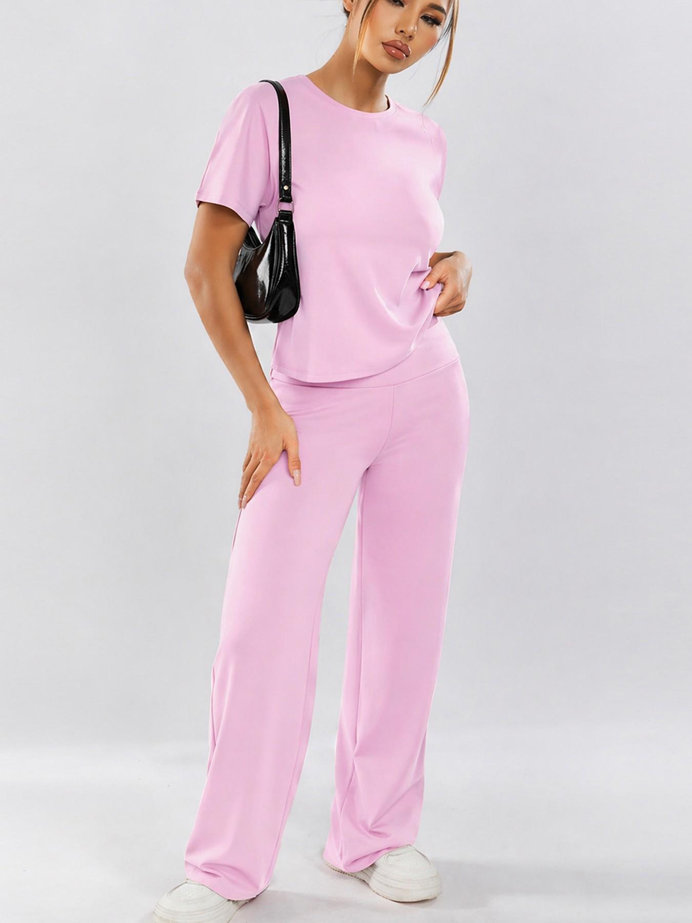 Women's Two-Piece Set, Loose-Fit Short Sleeve Top & High Waist Wide-Leg Pants, Breathable Fabric, Ideal for Yoga, Gym & Running, Athleisure Gym Clothes, Casual Activewear Set, Loose Casual Athleisure