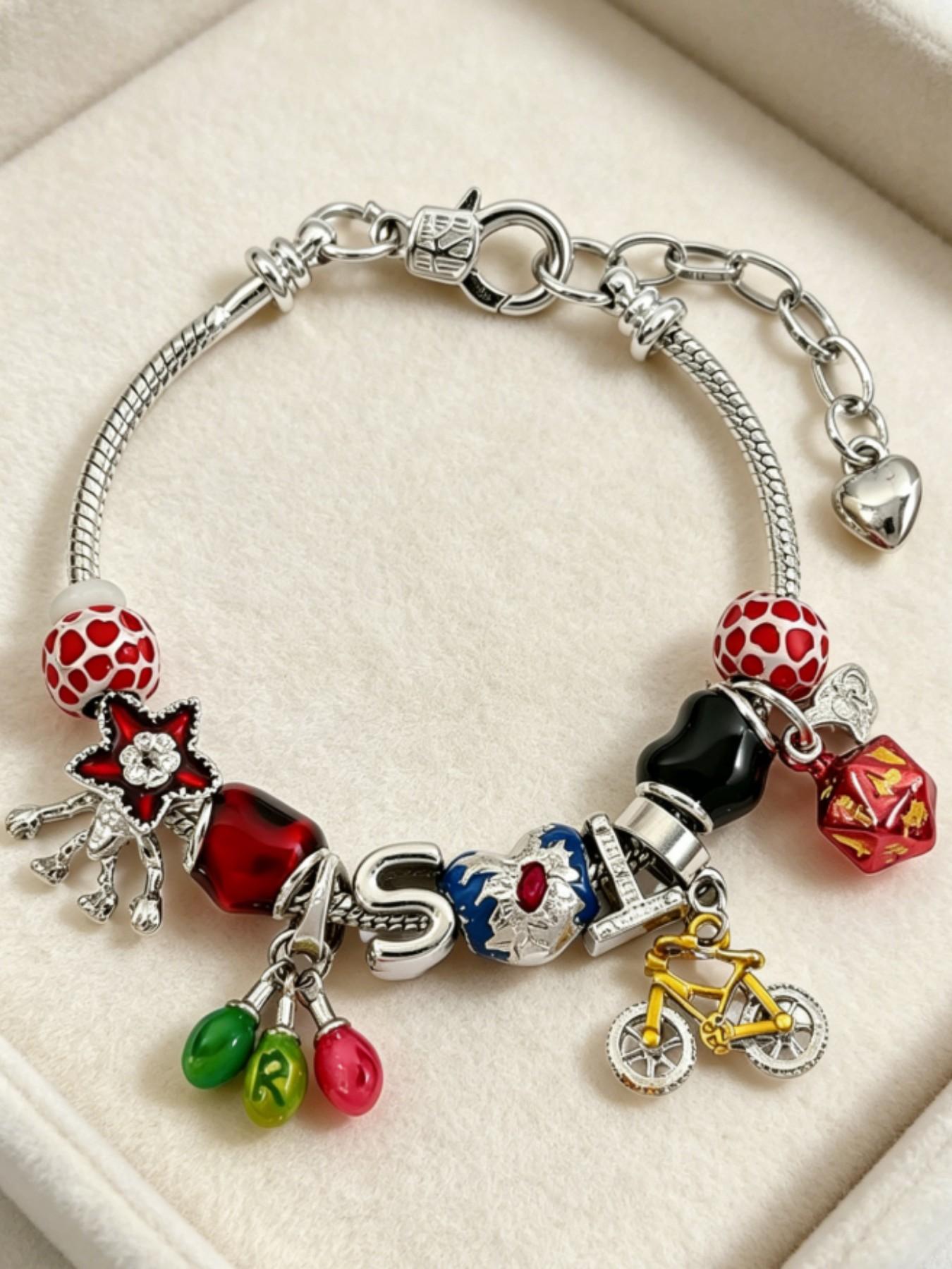 Retro DIY Stranger Things Inspired Multi-Pendant Beaded Bracelet, Heart Charm Bracelet, Strange Colorful Charm Trendy Jewelry, Aesthetic Fan Gift, Friend Gift, Special Bff Gift, Interest Gift