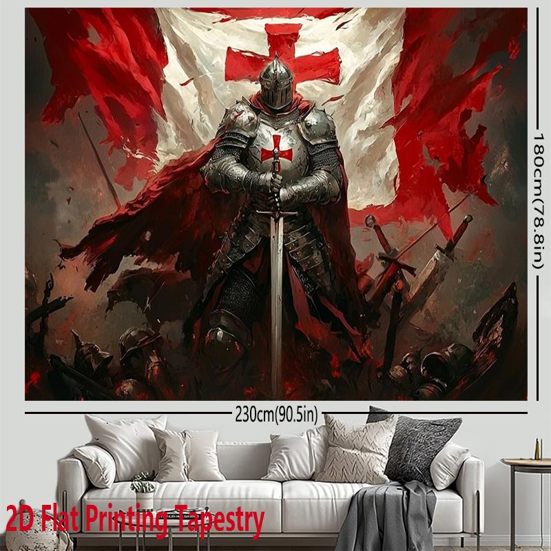 A 2D printed tapestry that is perfect for holiday party decoration. This polyester background fabric showcases medieval knight designs and Crusader patterns, suitable for hanging in various spaces such as homes.