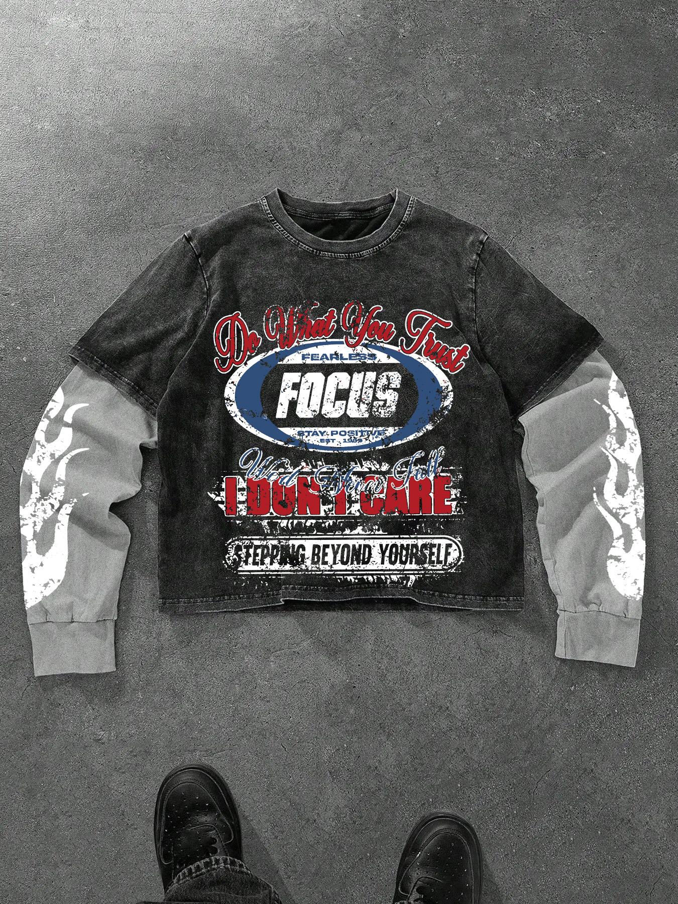 Men's Washed Cotton Mock Two-Piece Round Neck Long Sleeve Fitted Tee, with Star Print Design, a Casual and Trendy All-season Wardrobe Essential