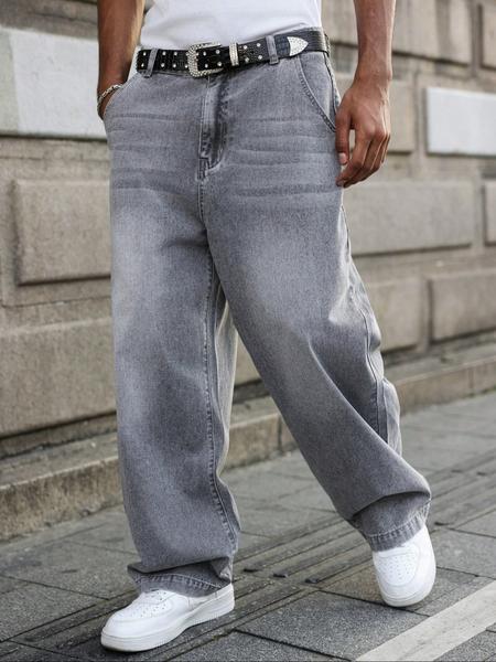 Men's New Street Style Loose-Fit Jeans, Washed Vintage Casual Straight Leg Pants, Trendy Long Denim Trousers for Everyday Wear Denim Streetwear