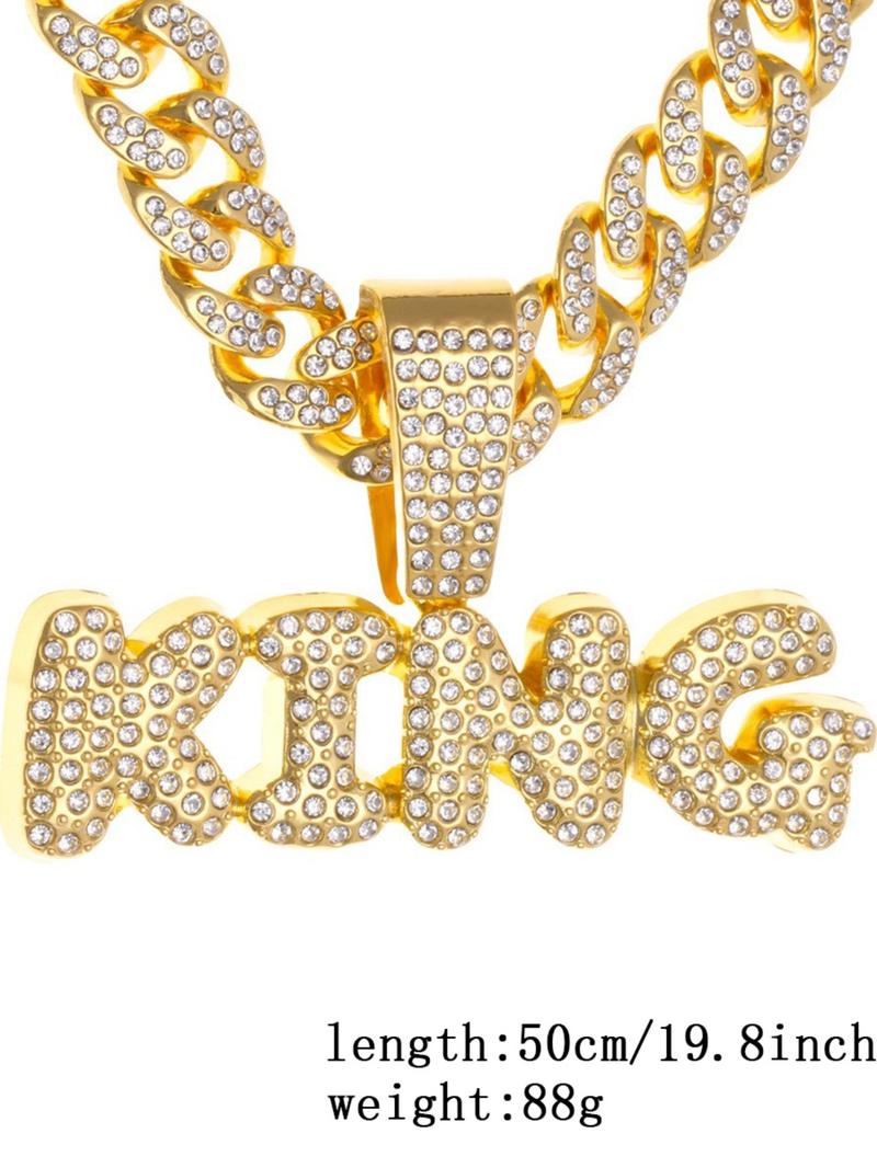 Hiphop Full Diamond King Letter Cuban Chain, Fully Encrusted Detail, Shiny, Unisex Street Style Jewelry, Cuban Link Chain