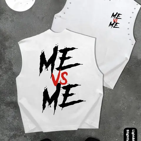 Men's Casual Sleeveless T-Shirt, Comfortable Me Vs Me Graphic Streetwear Tank Top, Trendy Design Top, Menswear, Round Neck, Streetwear Graphic Print