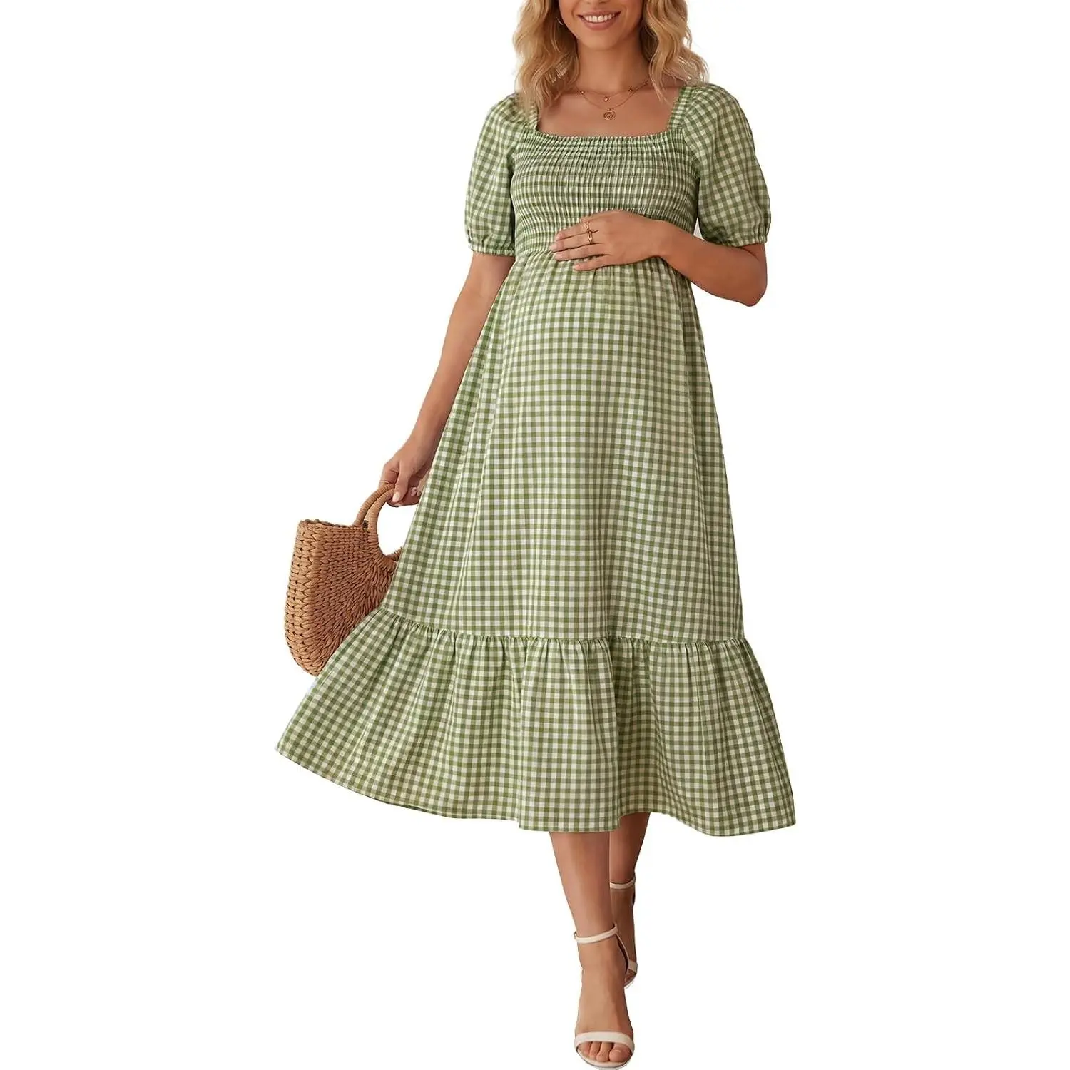 Smocked Maternity Dress Pregnancy Baby Shower Summer Outfit | Women gingham puff sleeve photoshoot midi dresses, perfect wedding guest clothes, flowy fit for mom to be
