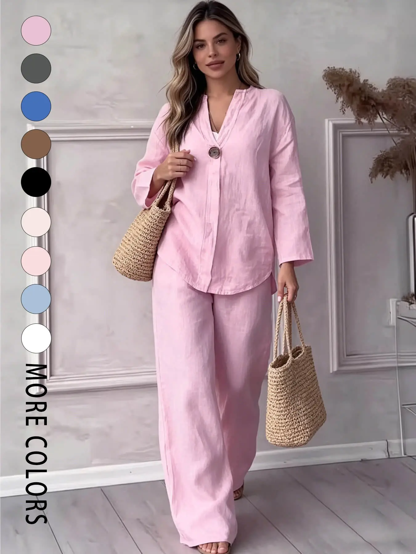 Two-piece women's pure-color thin set, including a single-button, Long sleeve blouse and high-waisted draping wide-leg pants, suitable for spring and summer, perfect for beach trips, coffee shops