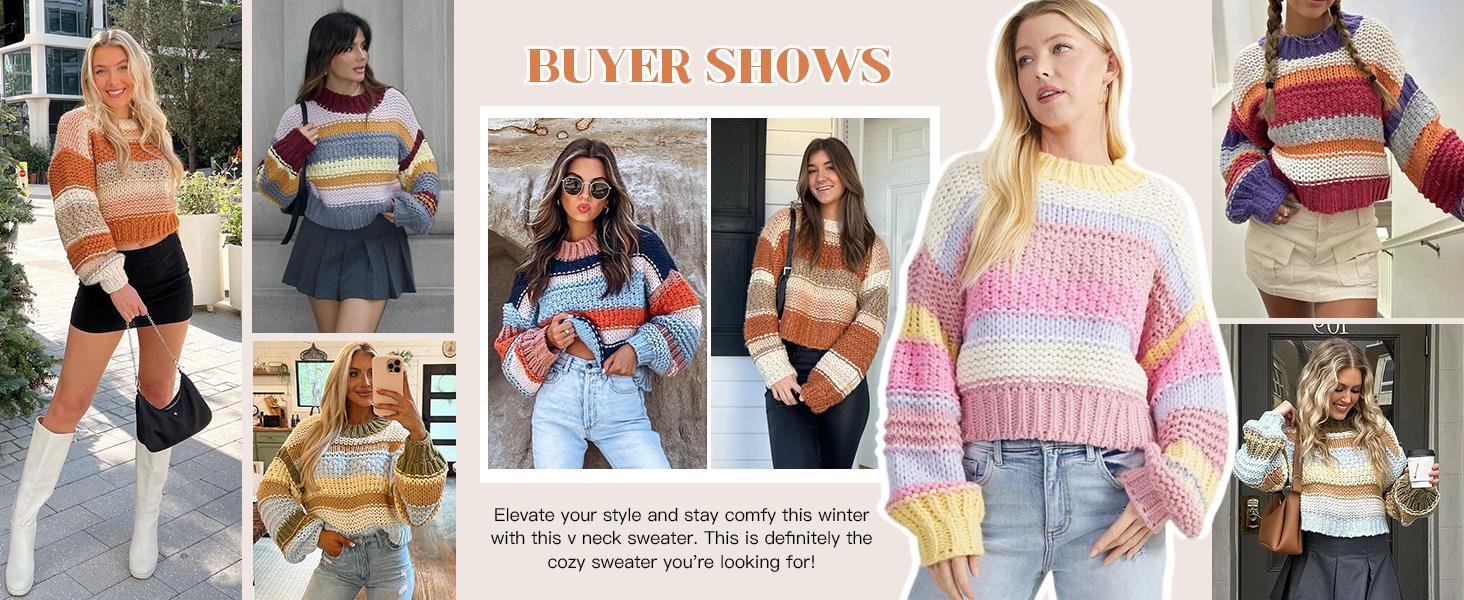 Saodimallsu Womens Color Block Sweater Striped Chunky Knit Cropped Sweaters Crewneck Fall Long Sleeve Loose Pullover Tops Casual Knitwear