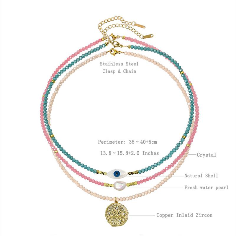 Funtopia Handmade Female Crystal Glass Necklace Pearl Summer Bohemian Multi Color Layered Chains Stainless Steel Chains Evil Eye Necklace Valentine's Day Gifts Anniversary Gifts
