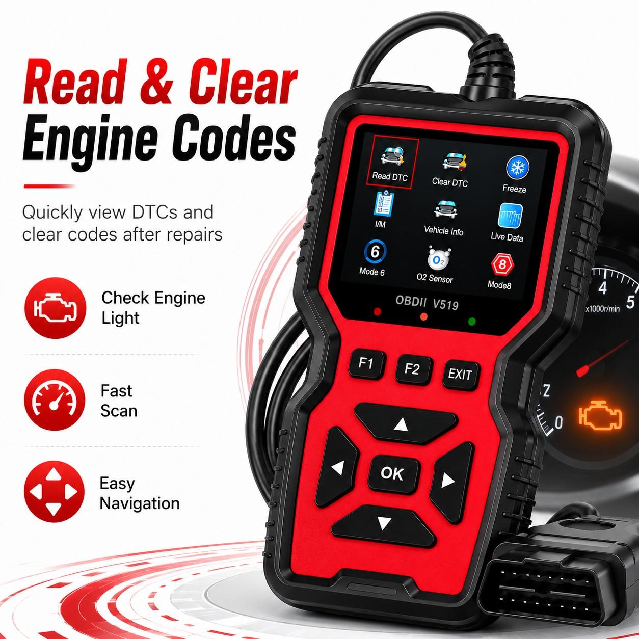 V519 Obd2 Scanner Diagnostic Tool, Engine Fault Code Reader, Live Data Stream, O2 Sensor Test, Battery Voltage Test for 12V Vehicles