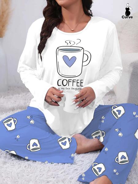 Plus Size Heart Coffee Letter Print Comfortable 2-Piece Pajama Set, Long Sleeve Top & Pants, Casual Fitted Sleepwear & Loungewear for All Seasons