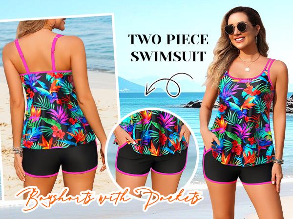 Tempt Me Tankini Swimsuits with Shorts - Two Piece Tummy Control Flowy Bathing Suits Top with Two Pockets Boy Shorts Tempt Me Tankini Swimsuits with Shorts - Two Piece Tummy Control Flowy Bathing Suits Top with Two Pockets Boy Shorts