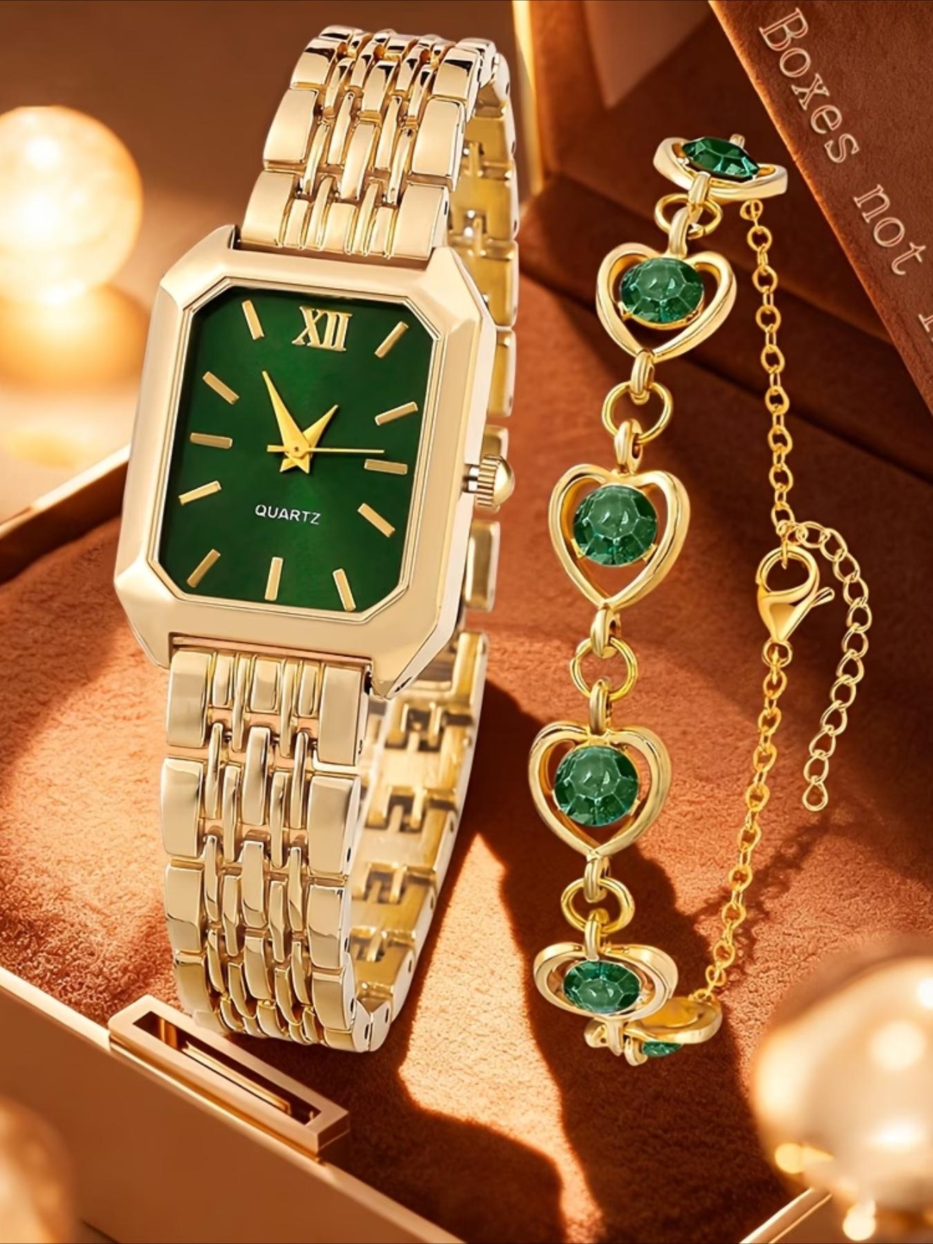 2-piece elegant ladies' watch gift set, fashionable, romantic, luxurious heart bracelet jewelry paired with palace style quartz watch, classic retro rectangular dial, comfortable alloy strap, perfect gift for family and friends
