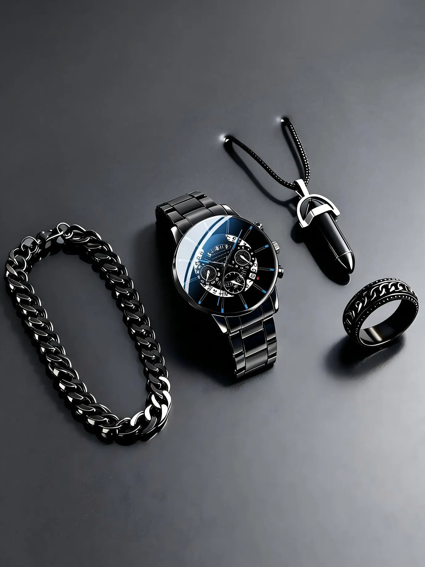 4pcs Men'S Versatile Temperament Alloy Band Watch Necklace Bracelet And Ring Set Father'S Day Birthday Anniversary Perfect Gift for Him