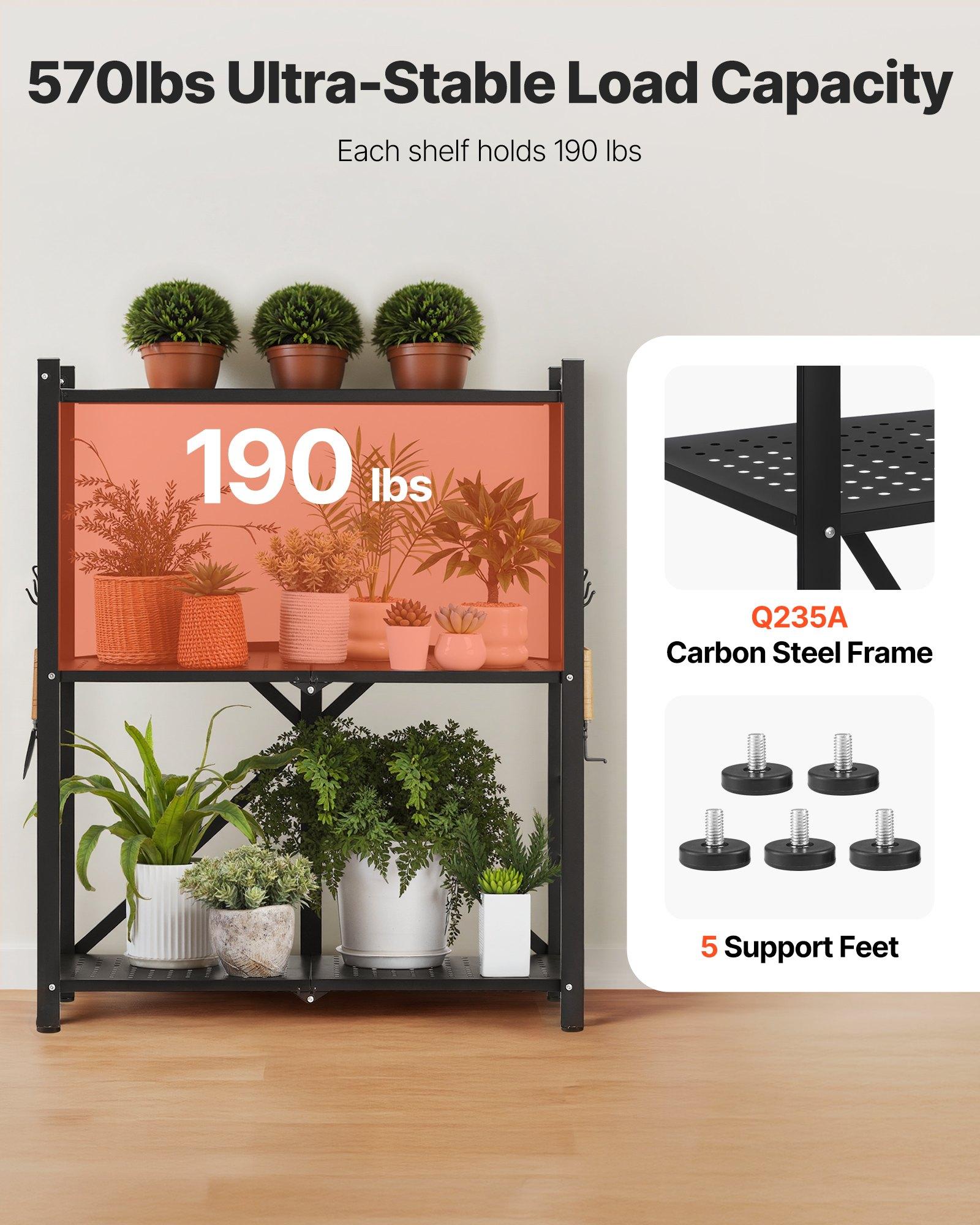 VEVOR 3-Tier Foldable Carbon Steel Storage Shelves, 13x28x36" Folding Metal Rack Unit, No-Assembly Organizer with 5 Wheels & 4 Hooks for Kitchen, Garage, Black