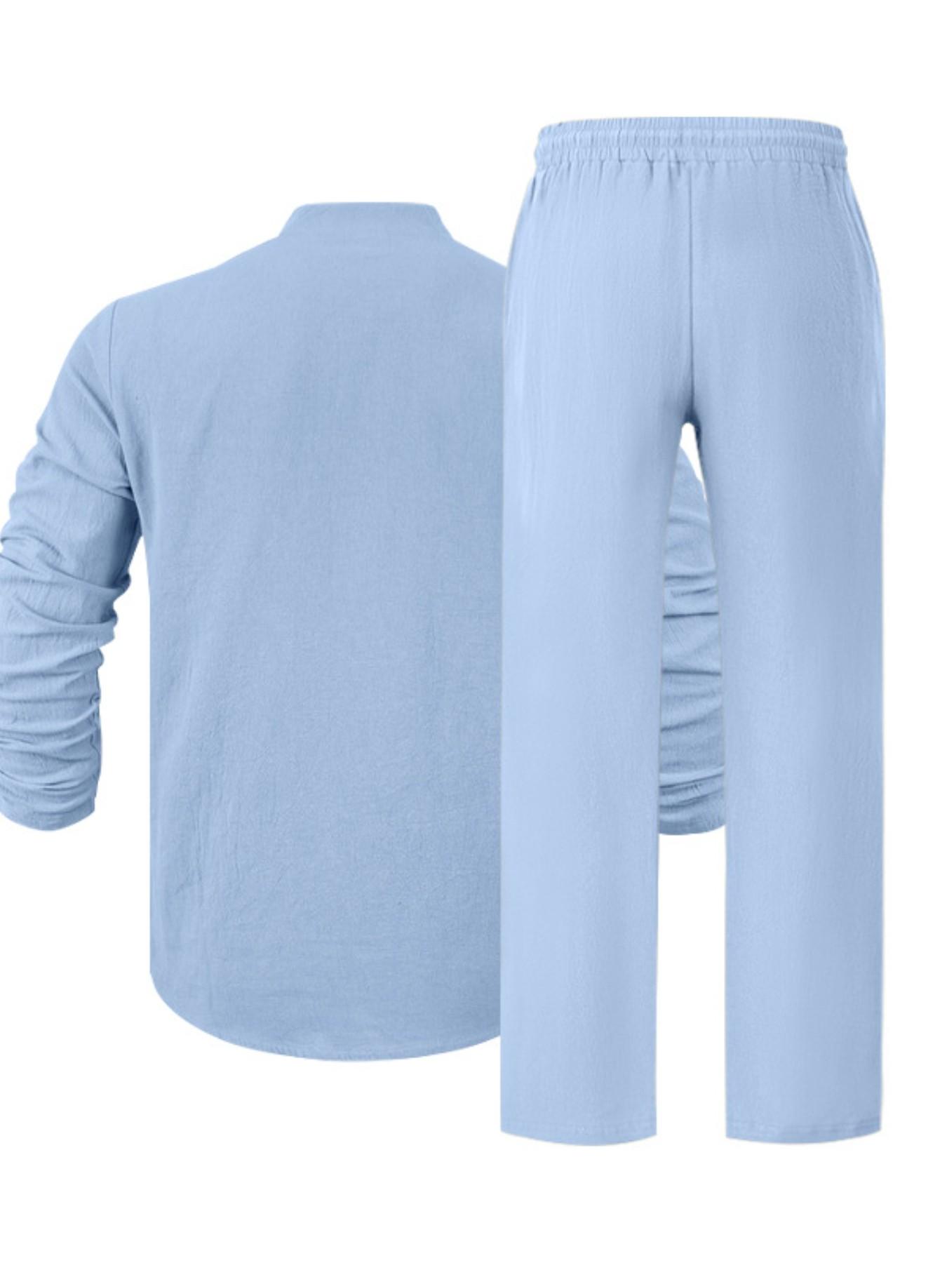 Men's Casual Linen Outfit, Loose-fit Henley Neck Long Sleeve Shirt and Pants, Comfortable and Fashionable Co-ord Set for Tropical Summer, Suitable for Beach, Vacations and Daily Wear Top Men's Casual Linen Outfit, Loose-fit Henley Neck Long Sleeve Shirt and Pants, Comfortable and Fashionable Co-ord Set for Tropical Summer, Suitable for Beach, Vacations and Daily Wear Top
