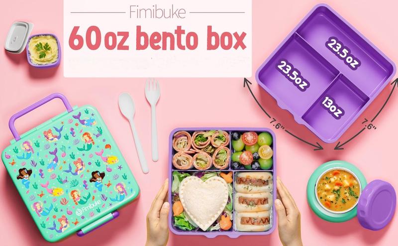 Fimibuke 60oz Leakproof Bento Lunch Box with 8oz Thermos, 3-4 Compartments, Sauce Jar & Utensils, BPA-Free, Dishwasher Safe dealsforyoudays
