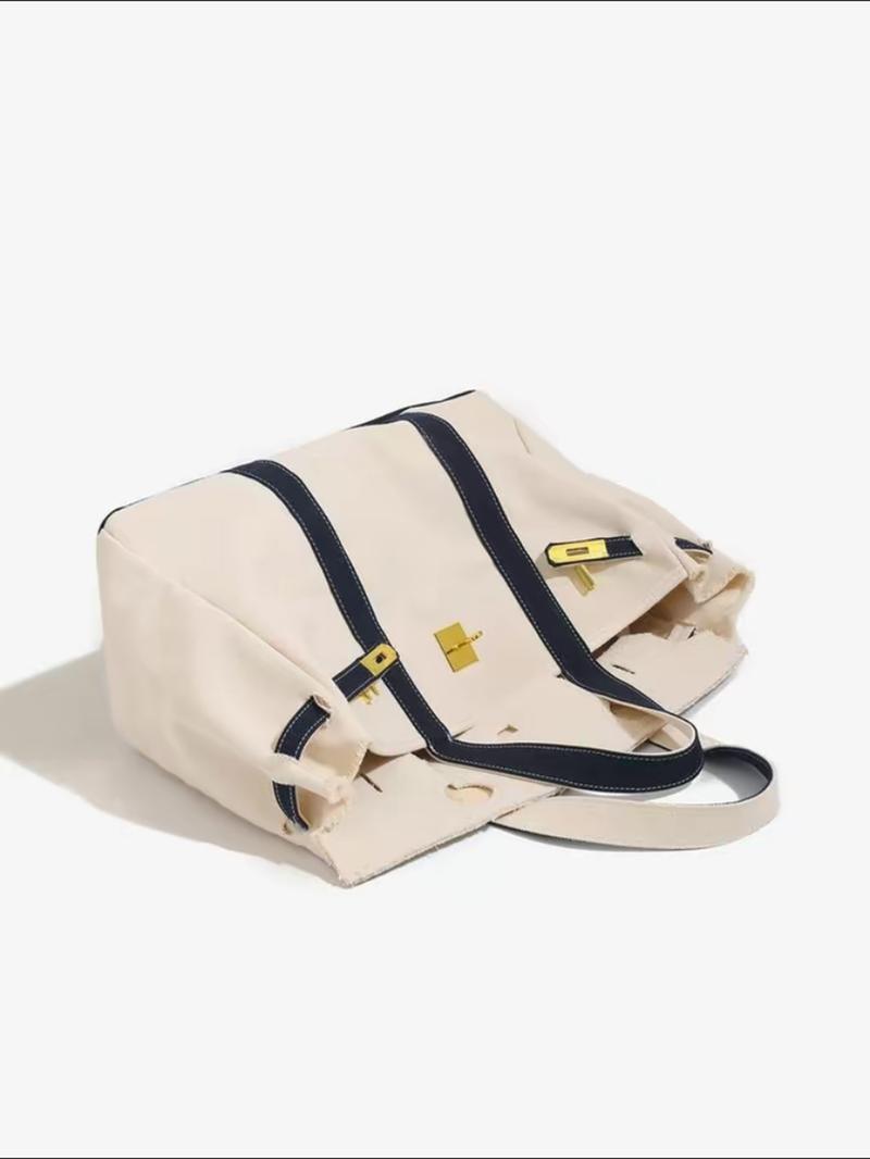 High-End Canvas Bag with Unique Design, Colorblock Handbag, Large Capacity Commuter Bag, Versatile Everyday Use