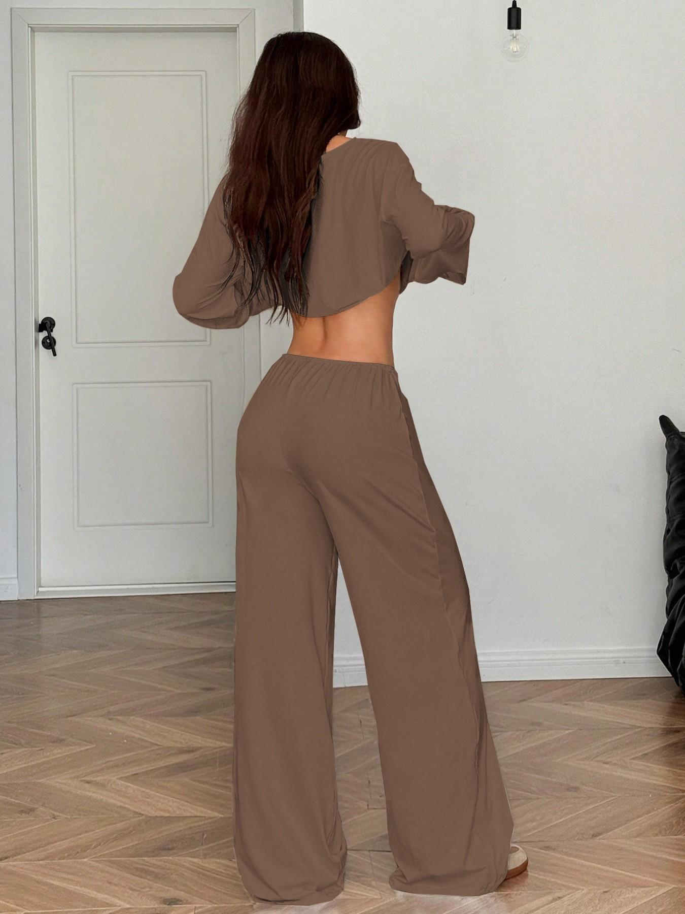 French Minimal Chic Cold Shoulder Cutout Two Piece Set, Summer Casual Loose Cropped Top & High Waist Adjustable Drawstring Trousers, Figure-Flattering Loungewear