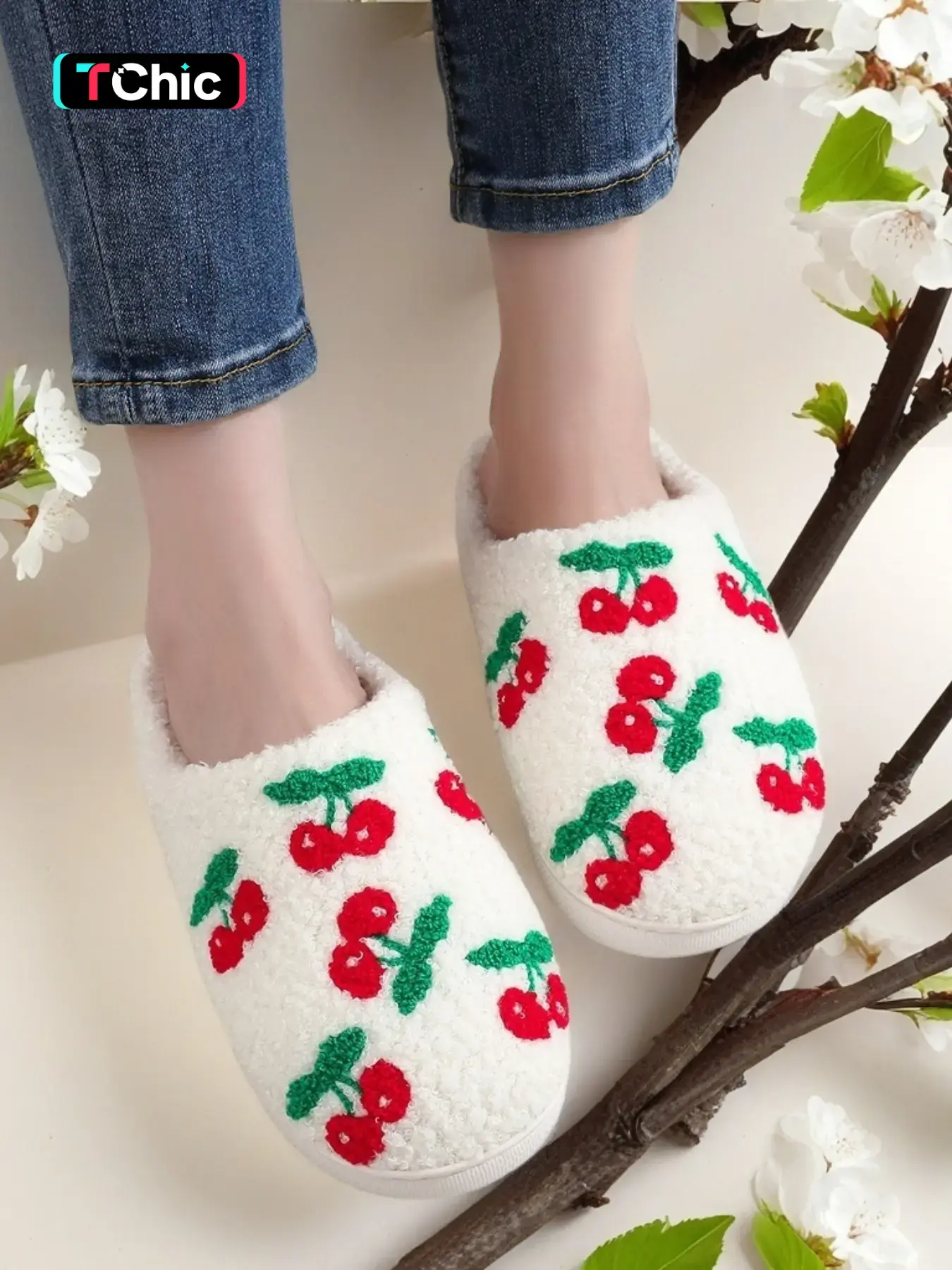Cute Cherry Embroidered Plush Slippers, Comfortable Indoor Shoes for Men & Women, Perfect Christmas Gift, All Seasons Wear, Home Slippers, House Slippers