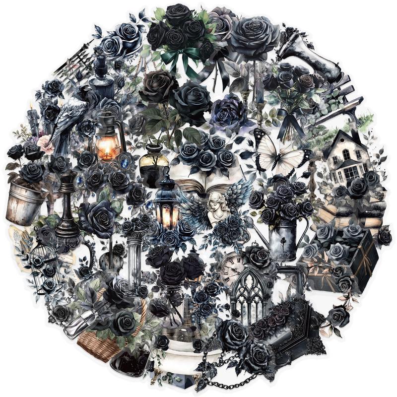 50 Pcs Gothic Dark Rose Transparent Stickers, Reusable Pet Decorative Labels, DIY Water Bottle, Notebook, Luggage, Phone Case, Tablet