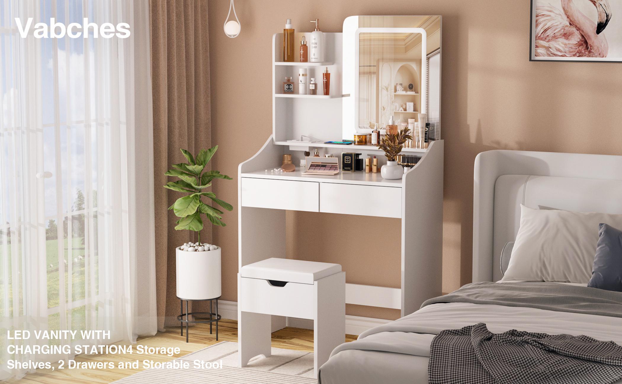 Vabches Vanity Desk with LED Light Mirror and Charging Station 30.3in, Small Vanity Set with 4 Storage Shelves 2 Drawers, Vanity for Girls Women with Storage Stool, Vanity Table for Bedroom