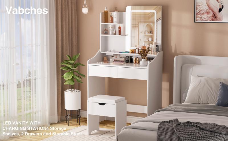 Vabches Vanity Desk with LED Light Mirror and Charging Station 30.3in, Small Vanity Set with 4 Storage Shelves 2 Drawers, Vanity for Girls Women with Storage Stool, Vanity Table for Bedroom