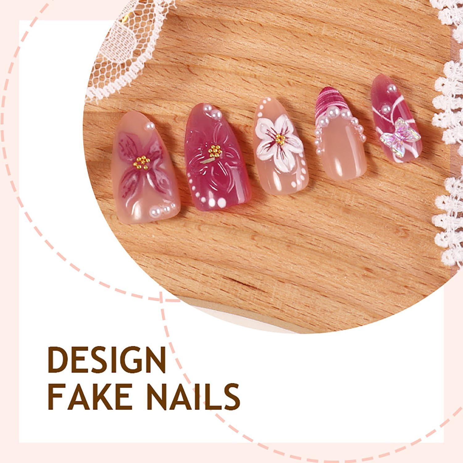 Soft Pink Cherry Blossom Nails - Hand-Carved Floral Press Ons with Pearl Details Flower Nails