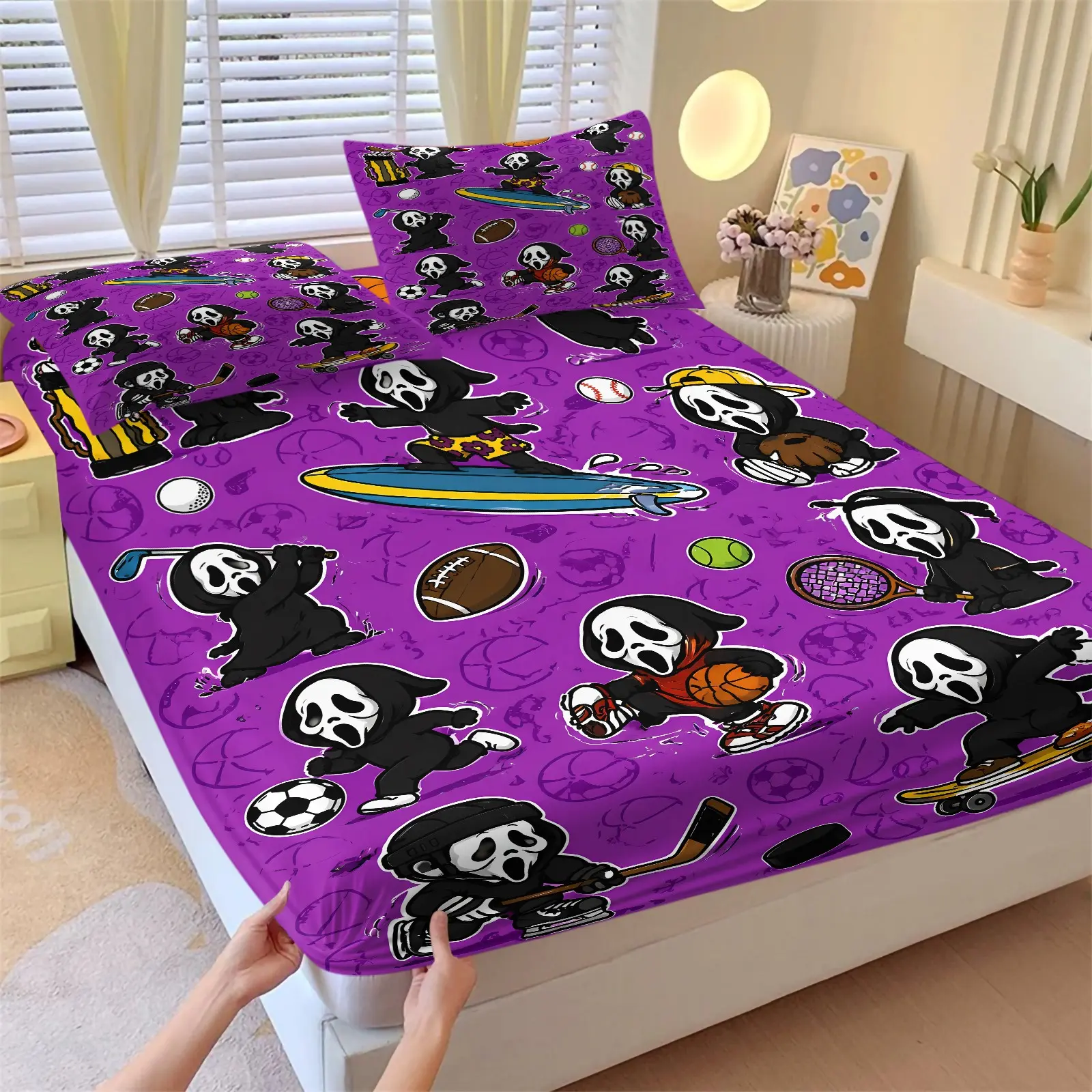 Purple Base Sports Cartoon Ghostface Fitted Sheet Set & 2 Pillowcases, Chibi Ghostface & Skateboard Surfing Basketball Soccer Print Bedding, Elastic Binding Deep Pockets, Cool Halloween Teen Bedroom Movie Fan Room Decor, Printed Bedding Set