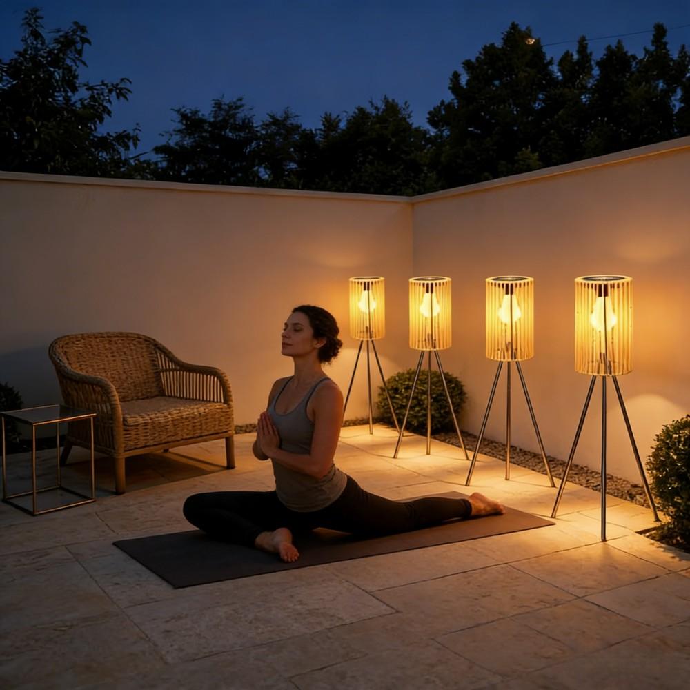 Solar-Powered Outdoor Floor Lamp Handcrafted Wicker Lantern Wrought Iron Tripod Lantern Housewarming Gift Rustic Indoor/Outdoor Decorative Lamp, These Woven Lamps Provide Decorative Lighting for Gardens, Yards, Patios, And Pathways.