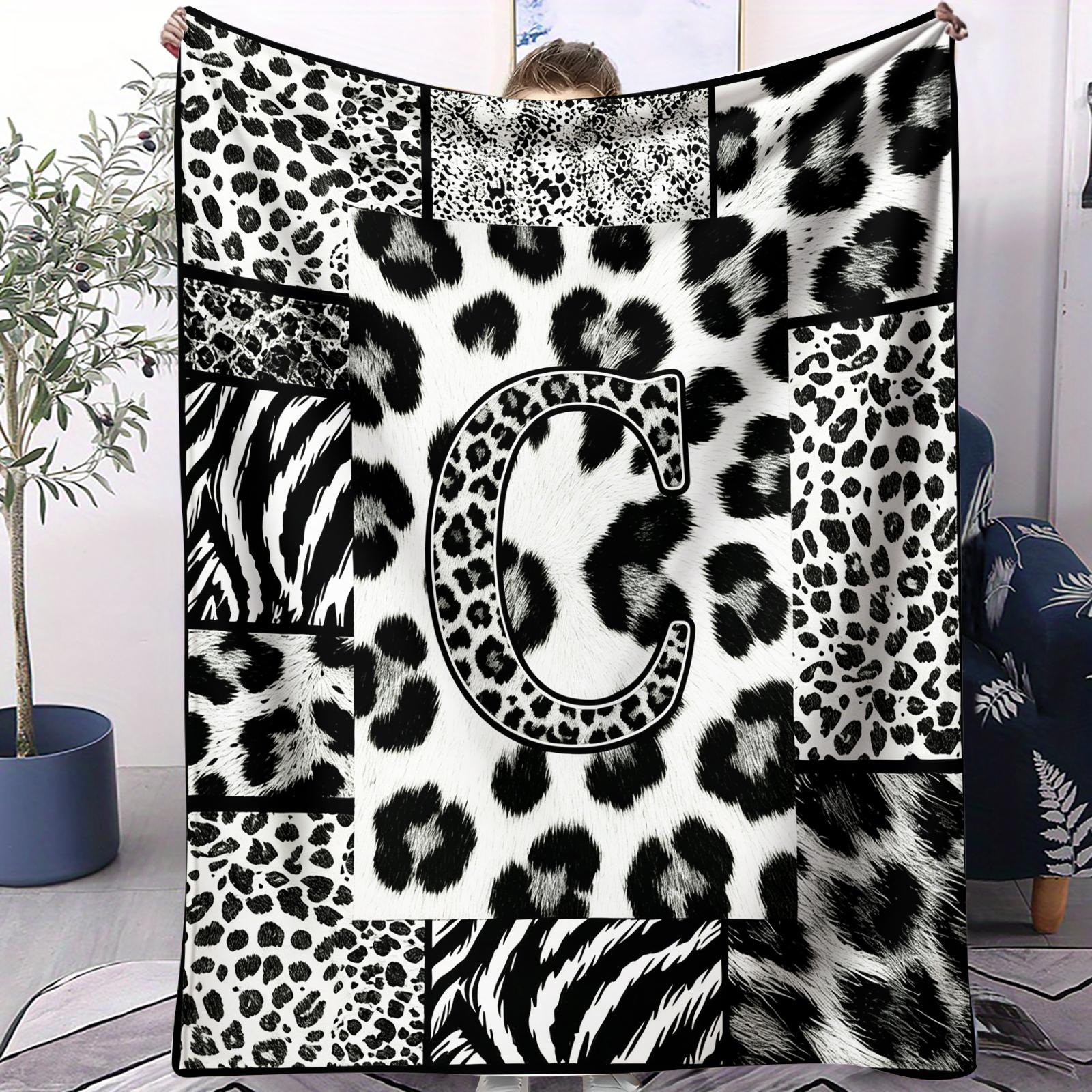 Custom Initial Animal Print Throw Blanket, Trendy Patchwork Visual Impact, Skin-friendly Breathable Lightweight, Perfect for Rental Bedroom Daily Use