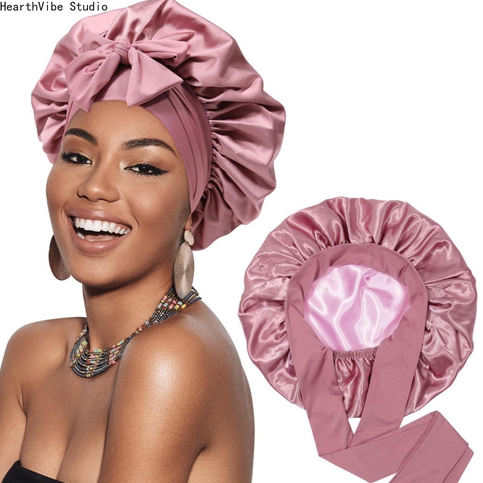 Reversible Double-Layer Satin Bonnet with Adjustable Ribbon Ties - Hydrating Silk Sleep Cap and Hair Wrap for Women with Curly Hair, Braids, Haircare, Gift, Luxury, Frizz Control, Moisturizes, Heatless, Salon, Frizz Free, Long Box Braids, Hair Rollers