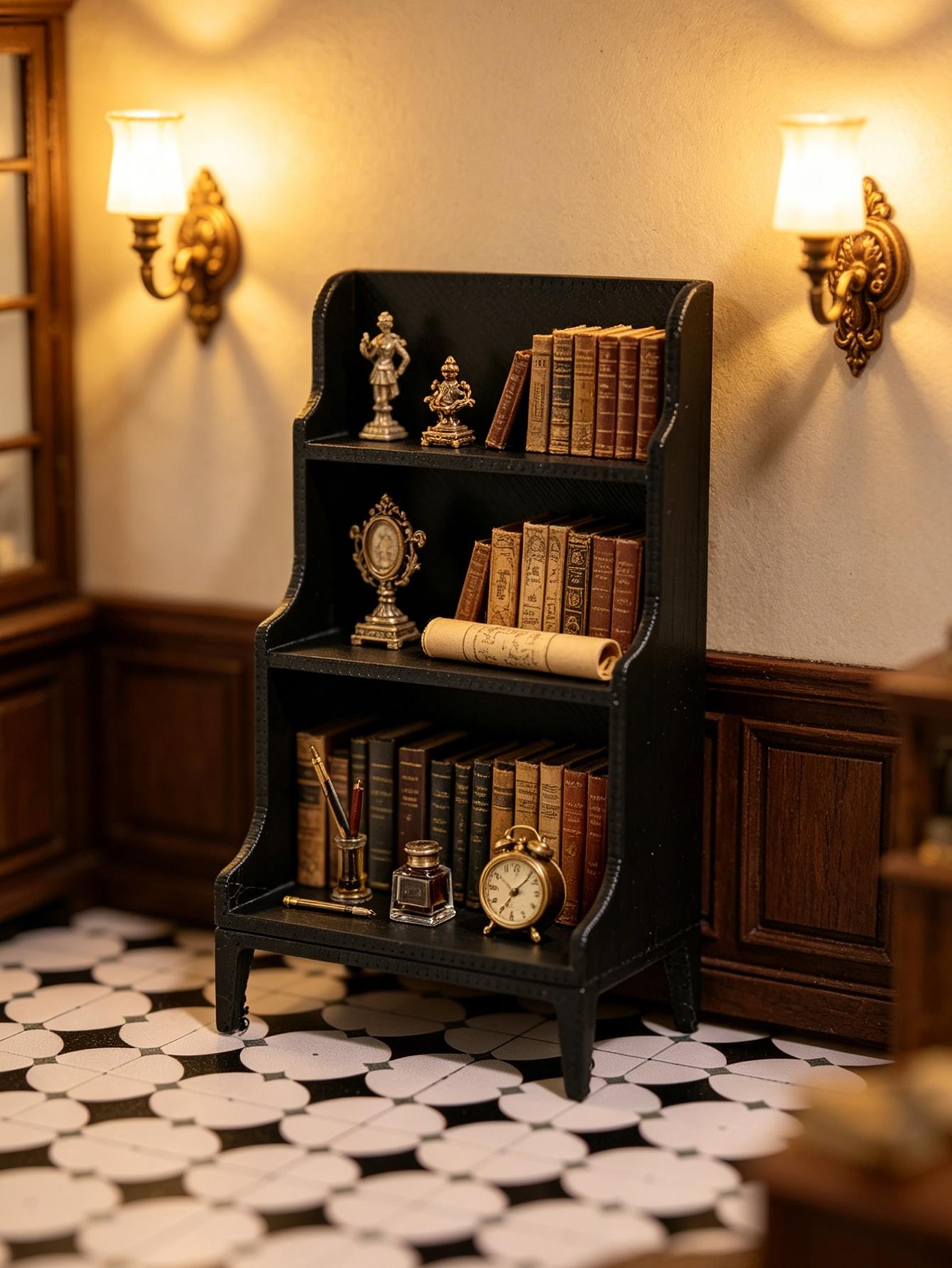 Miniature Three-Tier Bookcase, Storage Cabinet, Kitchen Sideboard, Dollhouse Model House Accessory, Doll House Furniture, Photography Prop, Micro Landscape Decor, Cookies, Tea Cup, Tea Set, Bottles