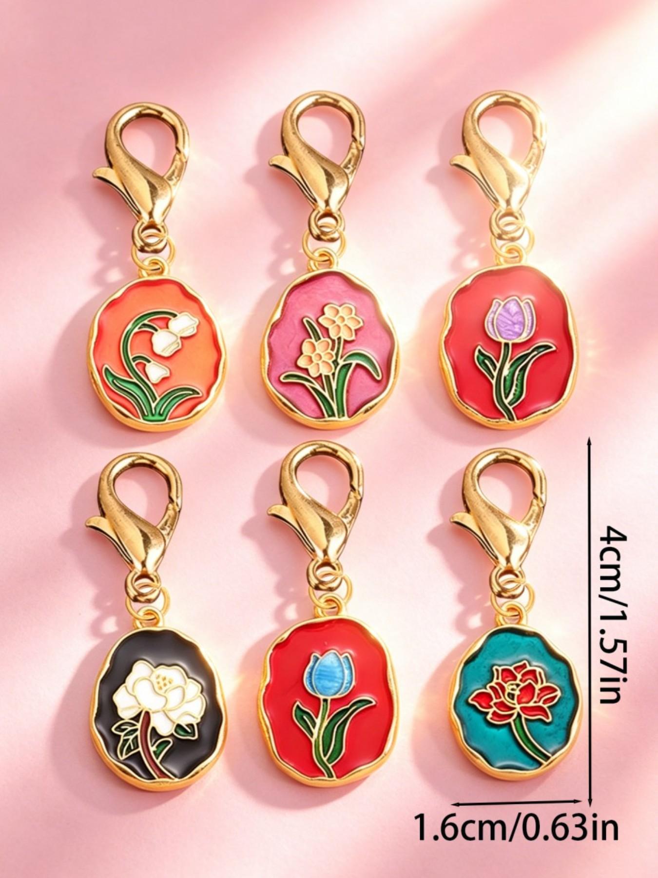 6pcs/12pcs Random Color Alloy Enamel Tulip Pendant, Vibrant Flower Keychain for Bags Set, Cute Bag Charm for Women, Fashion Accessory, Elegant Key Ring